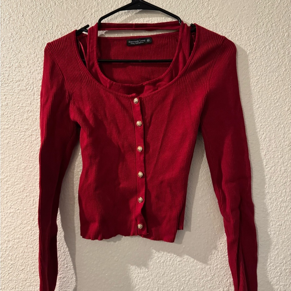Crimson Ribbed Button-Down Top